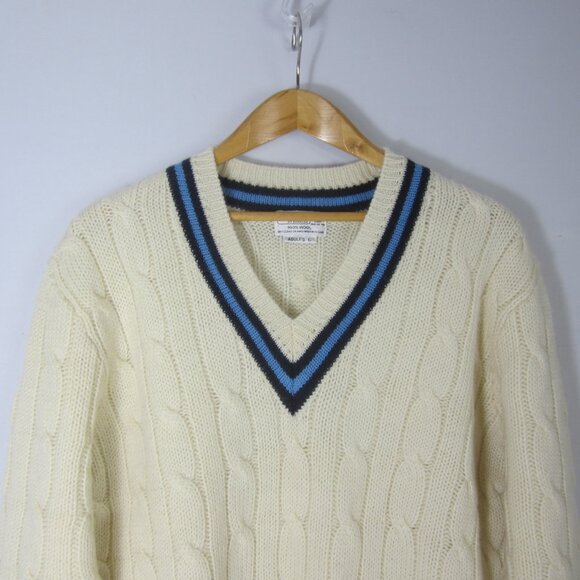 Vtg Davison's Bermuda Large Ivory Navy Blue Wool Cable Knit V Neck Sweater Golf - Picture 4 of 9